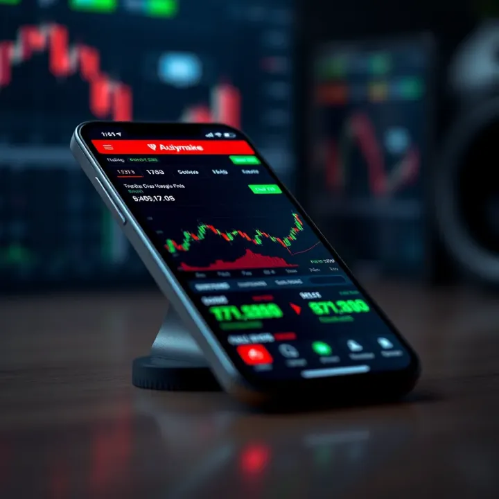 Mobile device displaying a user-friendly trading app interface with charts and market data