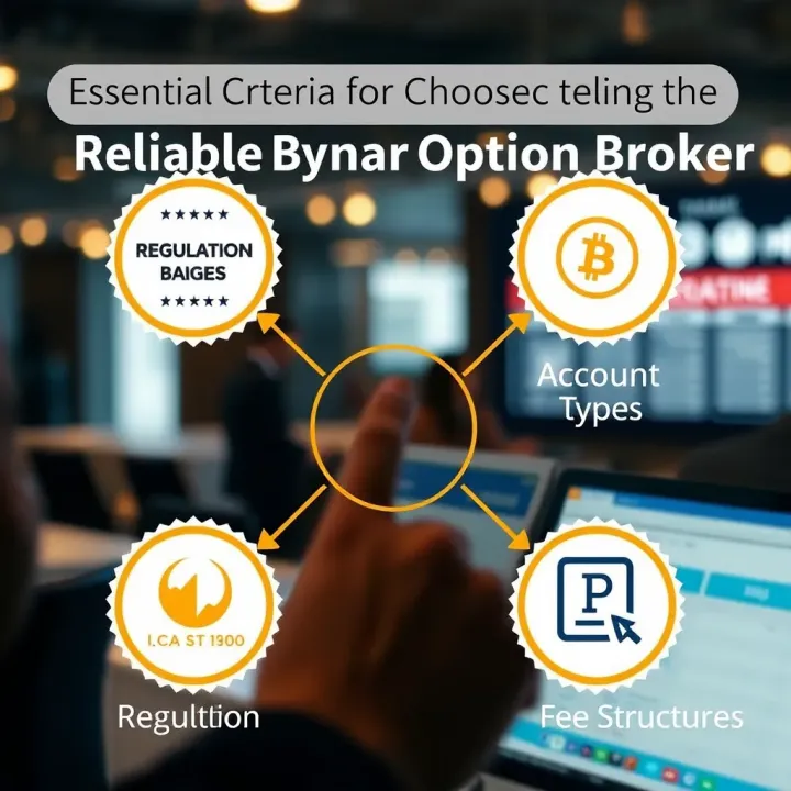 Graphic displaying key factors such as regulation badges, account types, and fee structures relevant to selecting a binary option broker
