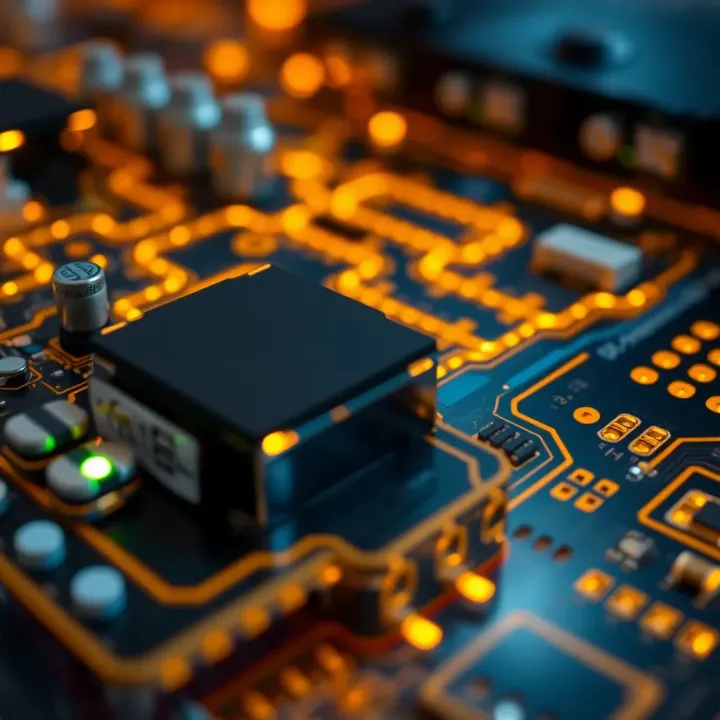 Circuit board with glowing pathways illustrating binary signals powering computing hardware