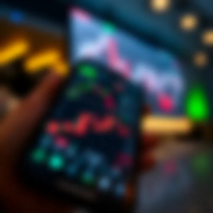 Mobile screen displaying a forex trading application interface with charts and currency pairs