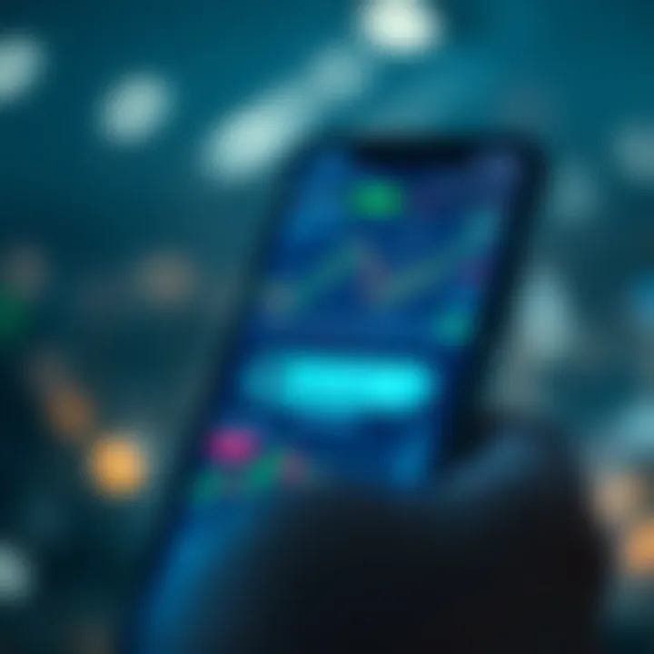 Mobile screen displaying various cryptocurrency trading charts and secure login interface