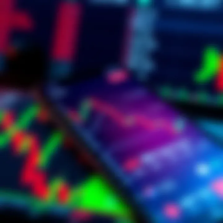 User interface of a forex trading application displaying charts and currency pairs on a smartphone screen