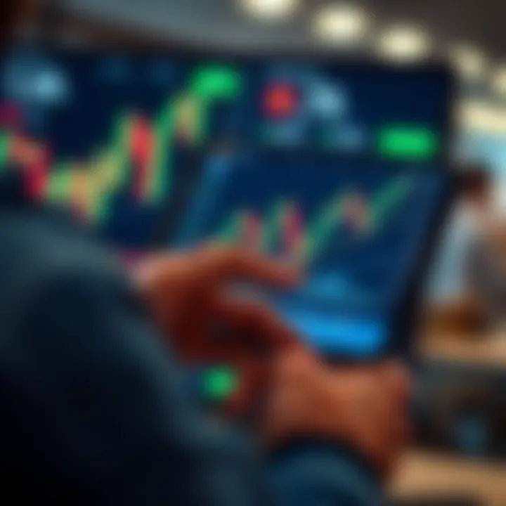 User interacting with a mobile trading platform showing candlestick charts and market indicators