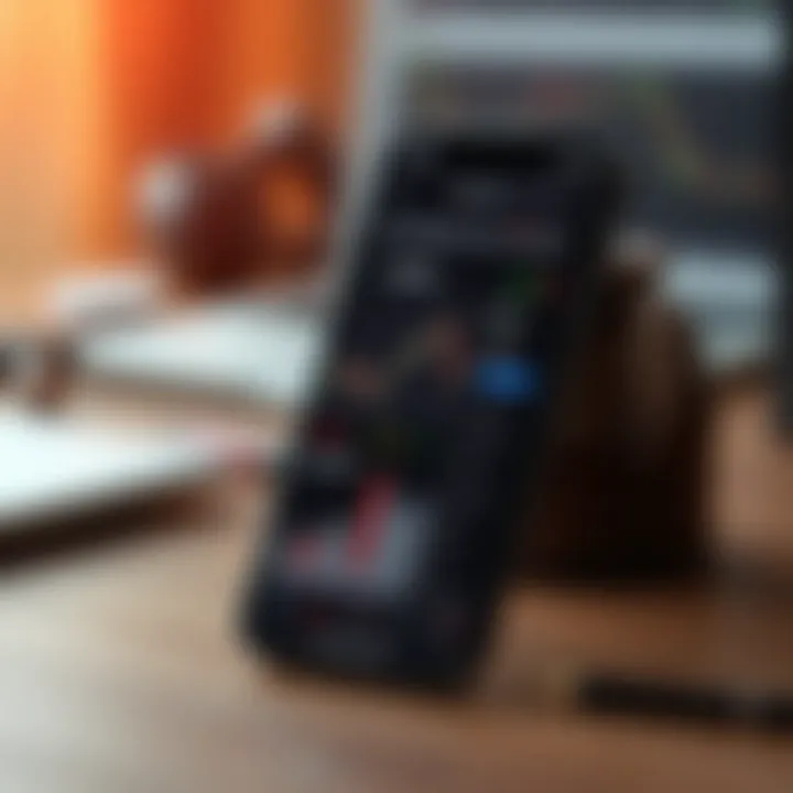 Mobile phone displaying various trading app features including charts and analytics