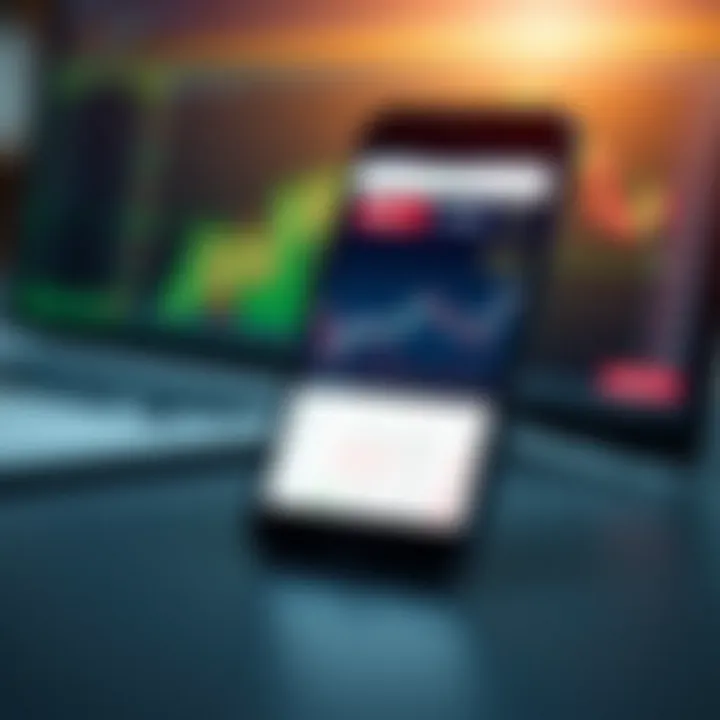 Mobile phone displaying a trading app interface with stock charts and data