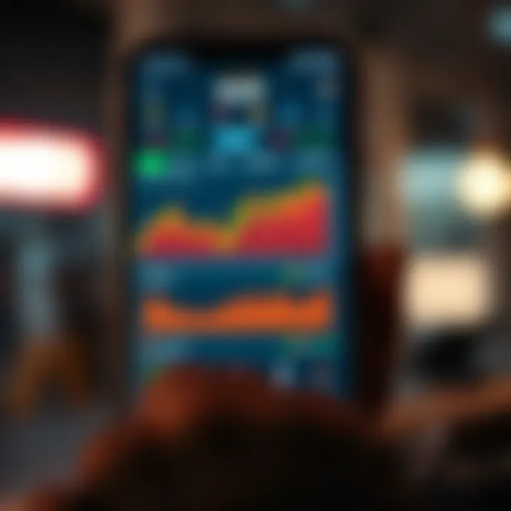 User interface showing cryptocurrency trading graphs and app features on a mobile device
