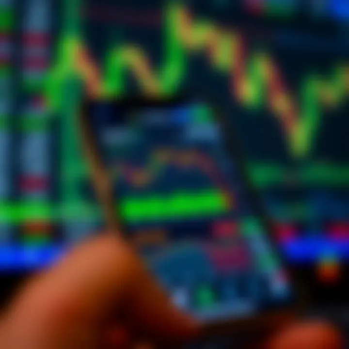 Mobile trading application interface displaying real-time market data and stock charts