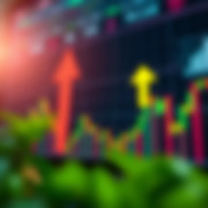 Conceptual graphic showing the dynamics of binary options trading with upward and downward market arrows