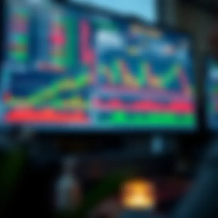 Illustration of a digital screen displaying forex trading charts and educational content