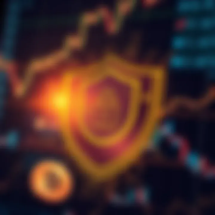 Security shield icon overlaying digital currency symbols representing crypto app protection