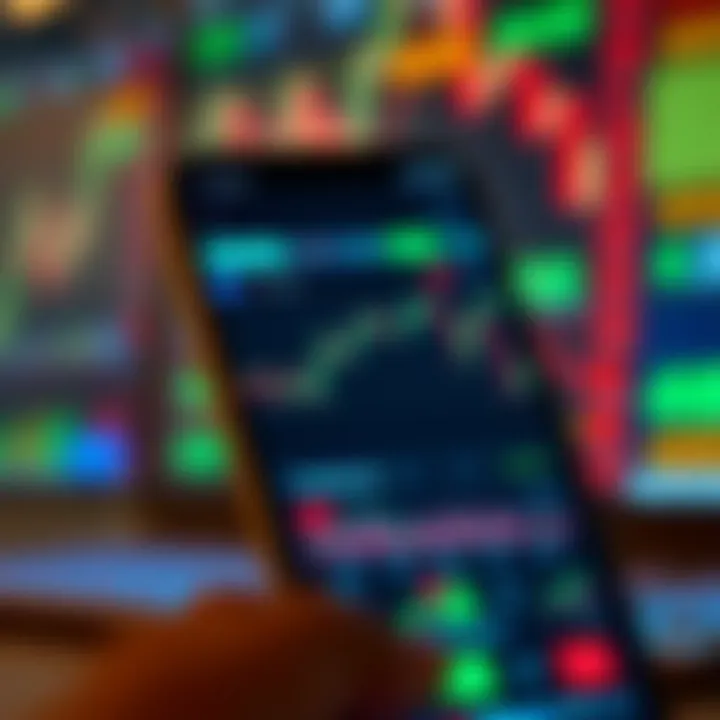 Mobile phone displaying various trading charts and market data