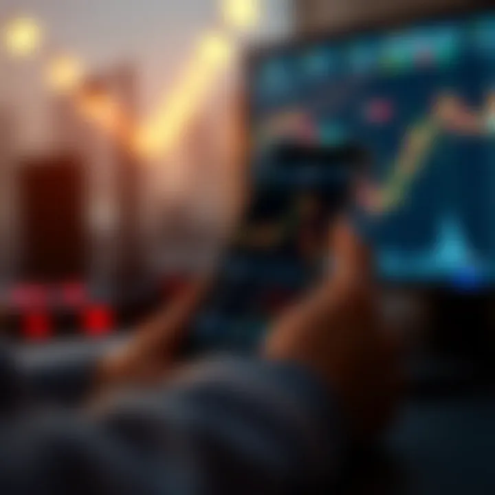 Mobile phone displaying forex trading application interface with charts and currency data