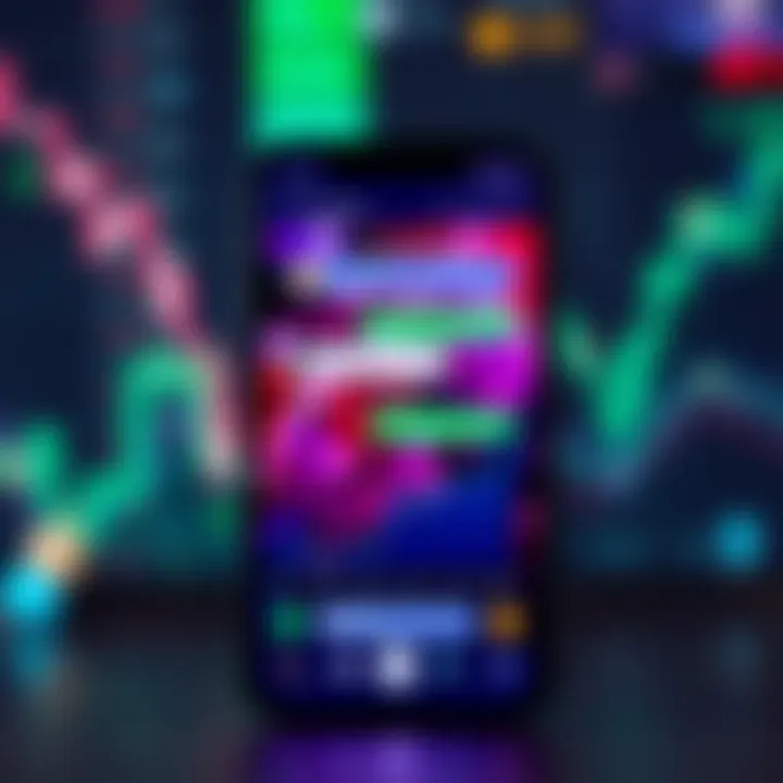 Digital illustration of a smartphone screen displaying a vibrant chat interface with cryptocurrency symbols and fluctuating market graphs