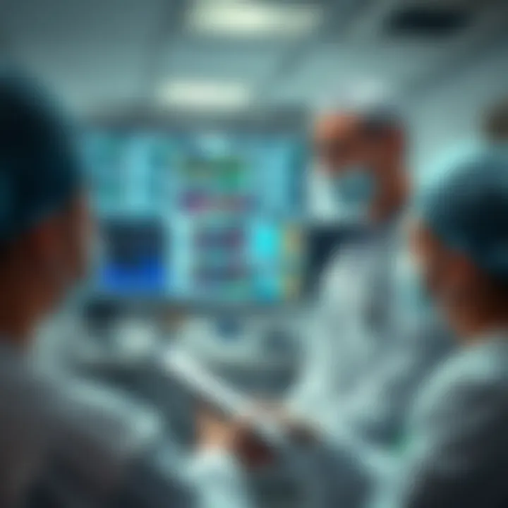 Healthcare setting with medical staff reviewing patient data to manage healthcare risks
