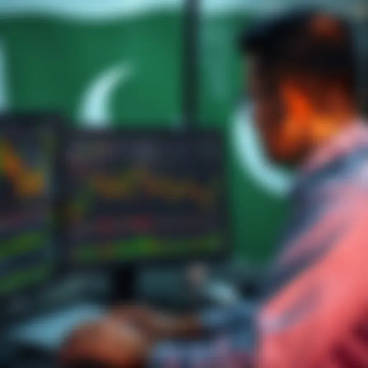 Illustration showing a trader analyzing forex charts on a computer with Pakistani flag in the background
