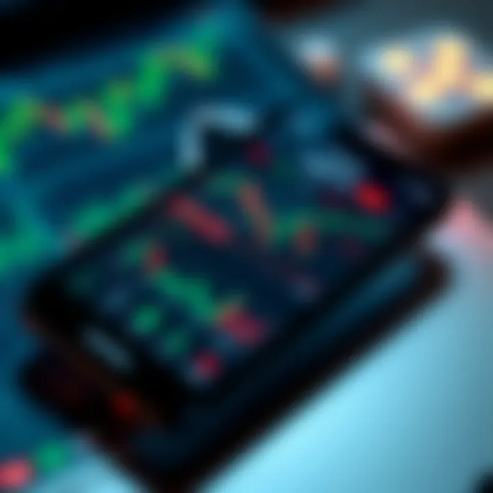 Smartphone displaying a forex trading app interface with charts and market data