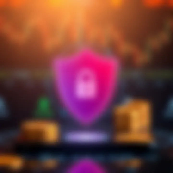 Security shield icon overlaying digital currency symbols representing secure crypto transactions