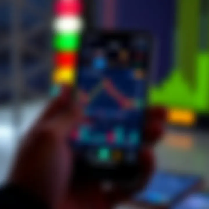 Mobile phone displaying cryptocurrency trading application interface with charts and trading options