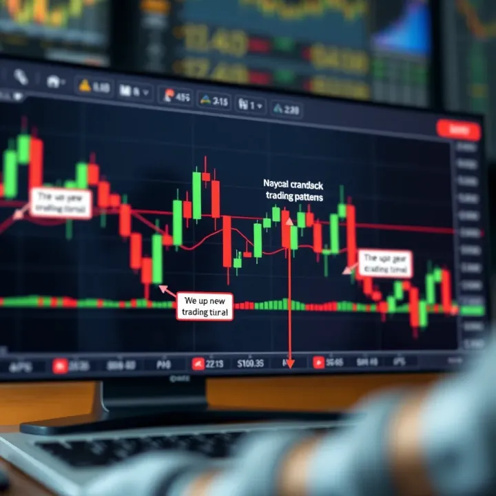 Technical chart featuring candlestick formations with annotations explaining trading signals