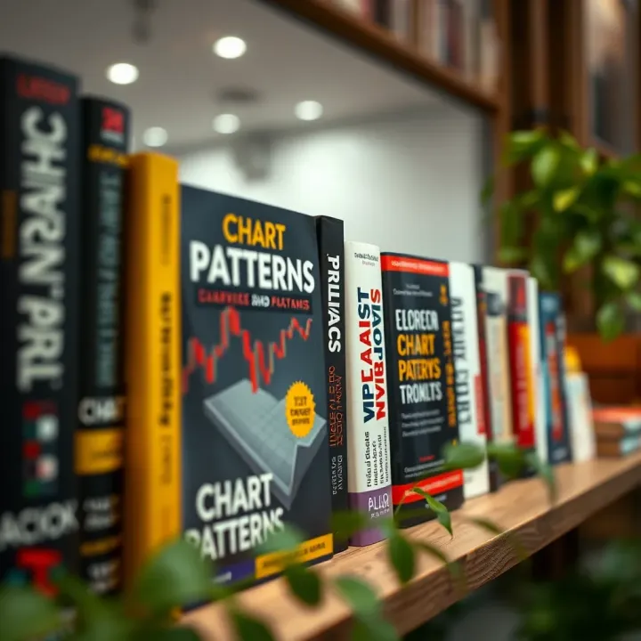Books on technical analysis and chart patterns arranged on a shelf with a focus on trading education