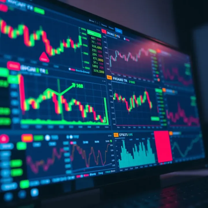 A digital interface showing a variety of binary option trading platforms with charts and asset options on screen