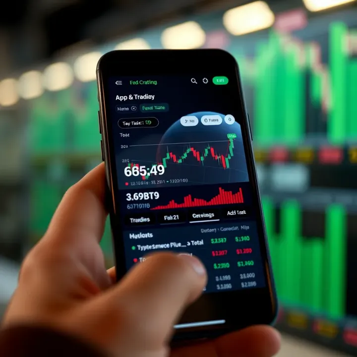 Mobile phone screen showing a secure crypto trading app interface with charts and wallet options