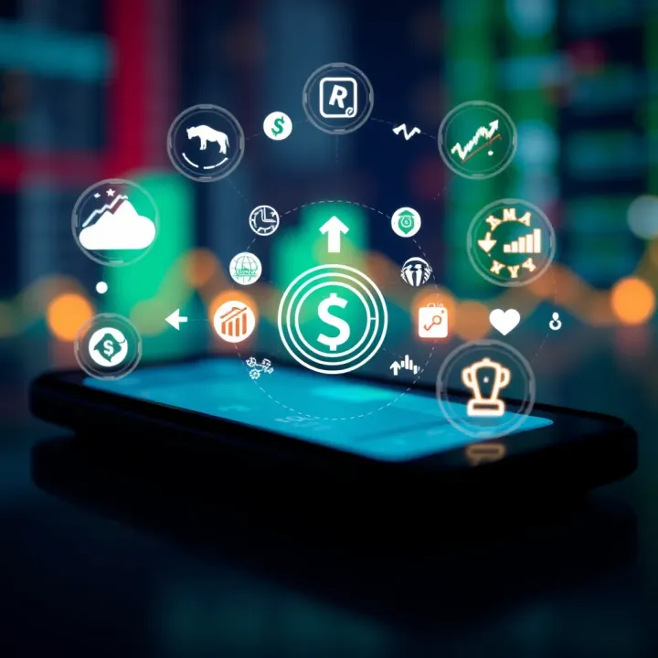 Illustration of a digital mobile device with regulatory compliance icons and forex trading symbols surrounding it