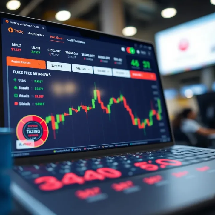 Trading Platform Features with Fee and Regulation Overview Illustration of a digital trading platform interface with fee structures and regulatory badges