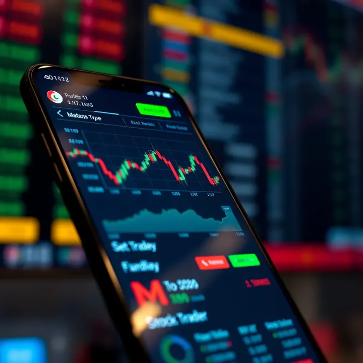 Mobile phone displaying stock market charts and trading options in Pakistan