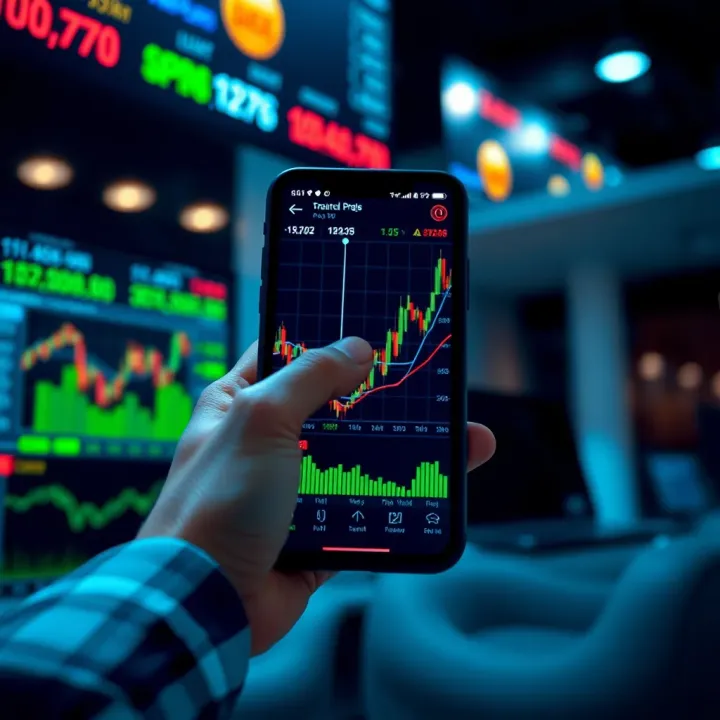User interacting with a mobile trading application displaying stock charts and market data