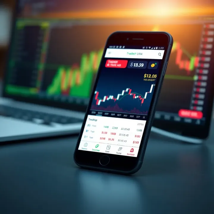 Mobile phone displaying a trading app interface with stock charts and data