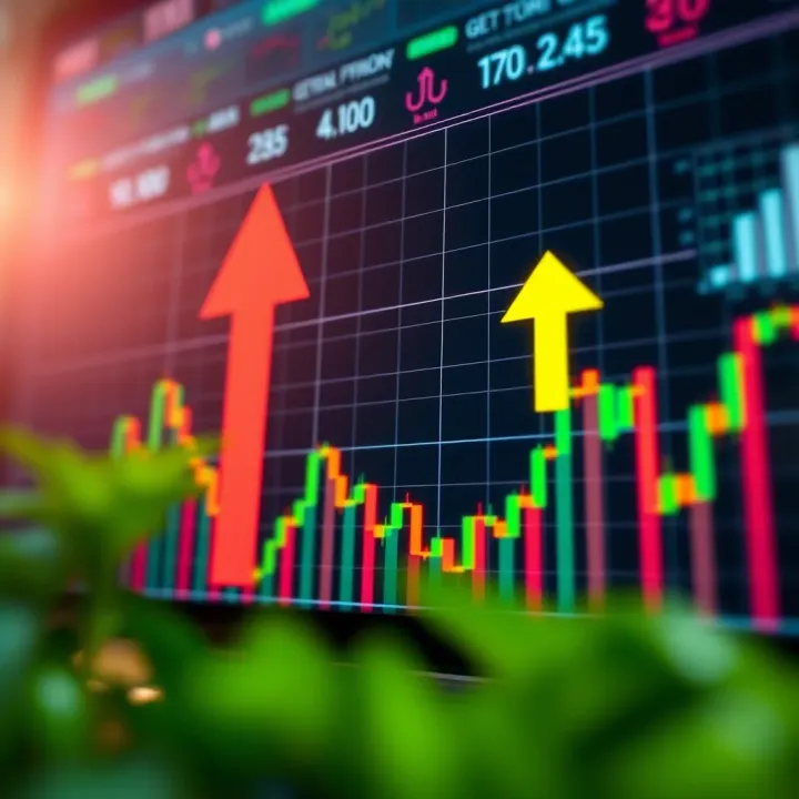 Conceptual graphic showing the dynamics of binary options trading with upward and downward market arrows