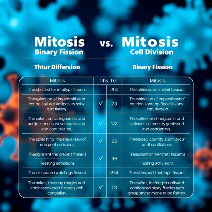 Comparison chart showing differences between mitosis and binary fission highlighting key cellular activities in each