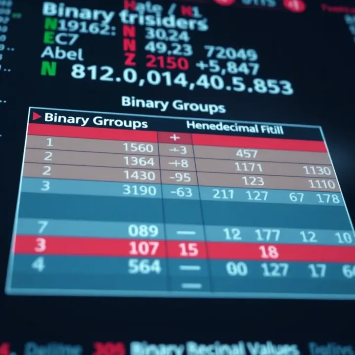 Chart showing equivalence of binary groups and their corresponding hexadecimal digits