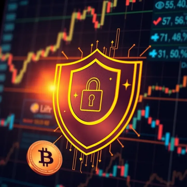 Security shield icon overlaying digital currency symbols representing crypto app protection
