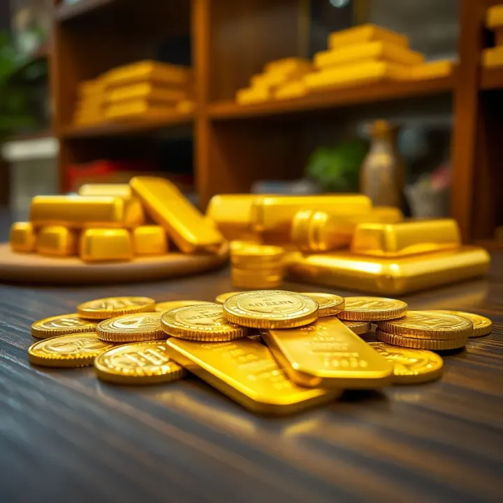 Gold coins and bars on a wooden table reflecting market value trends
