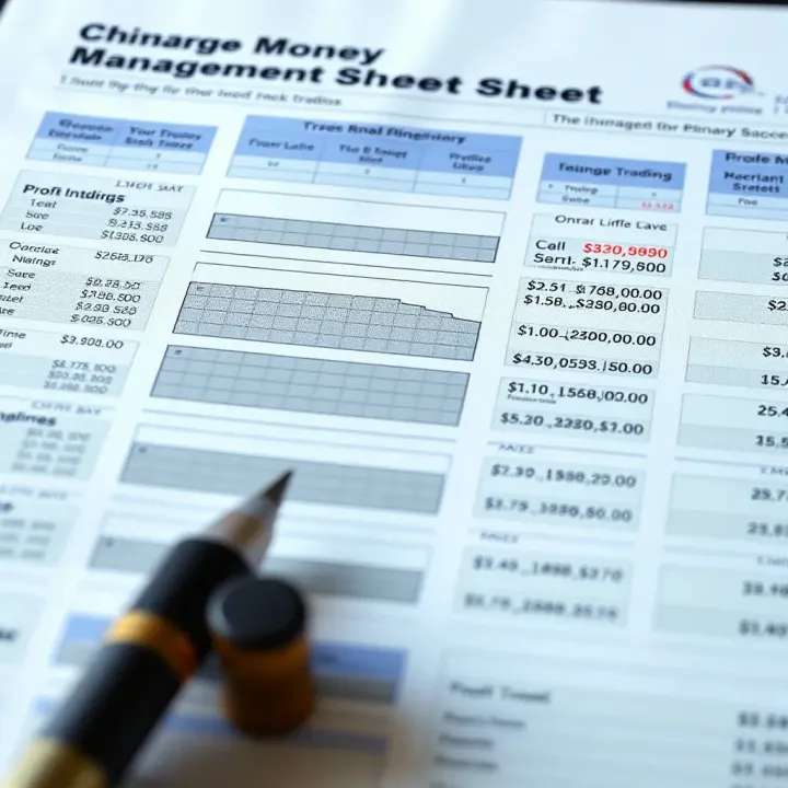 A detailed money management sheet showing columns for trade entries, risk limits, and profit tracking designed for binary options trading