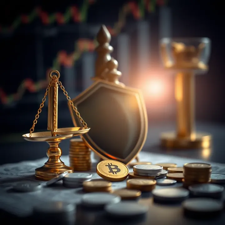 Concept of risk management with symbols of balance, shield, and financial growth in trading