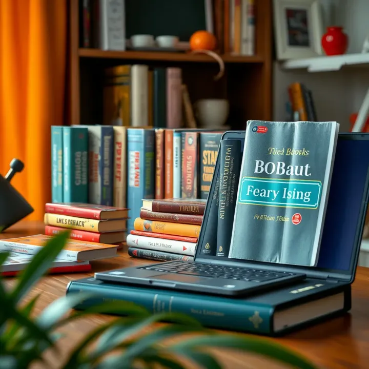 Collection of forex trading books arranged on a wooden desk with a laptop