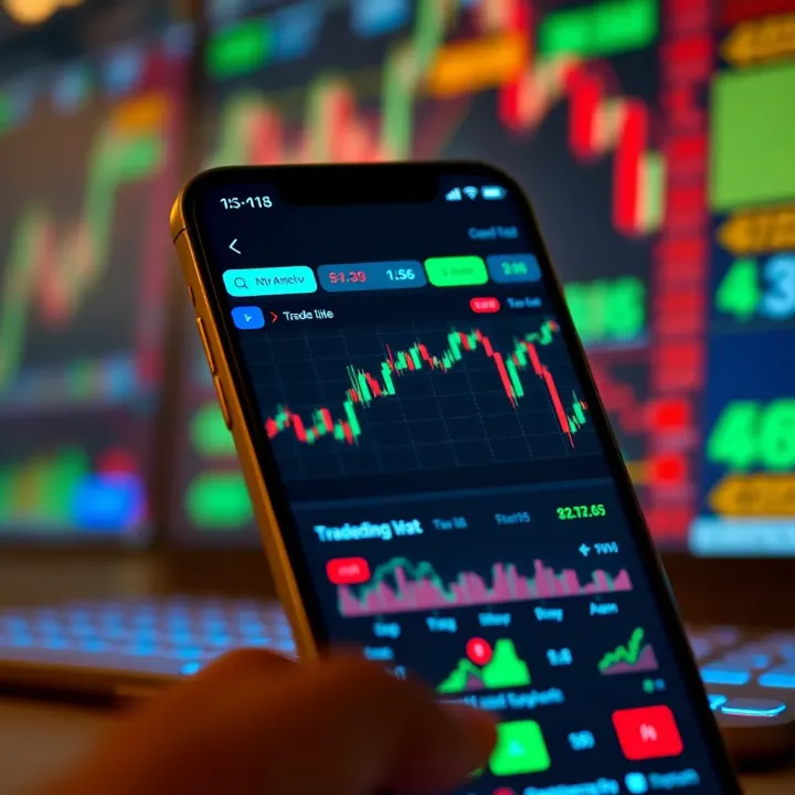 Mobile phone displaying various trading charts and market data