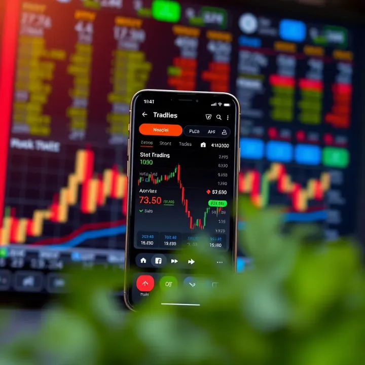 Mobile phone displaying an intuitive stock trading app interface with charts and stock prices