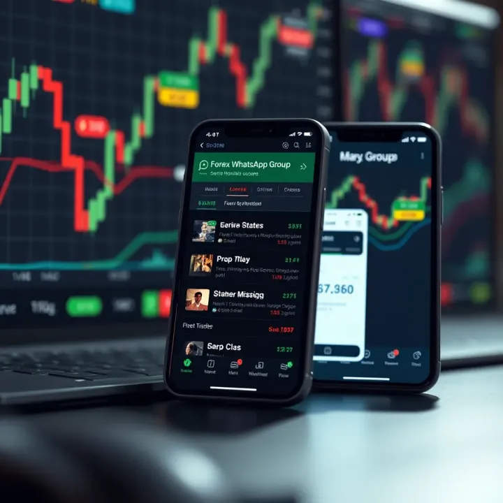 Conceptual visualization of forex market charts alongside a mobile phone displaying trading group messages