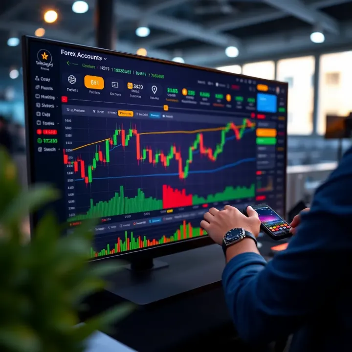 Forex trading platform showing demo account dashboard with currency charts and trading options