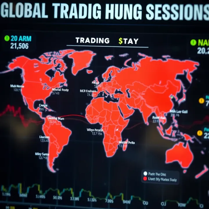 Global forex trading sessions map showing major financial centers and their active hours