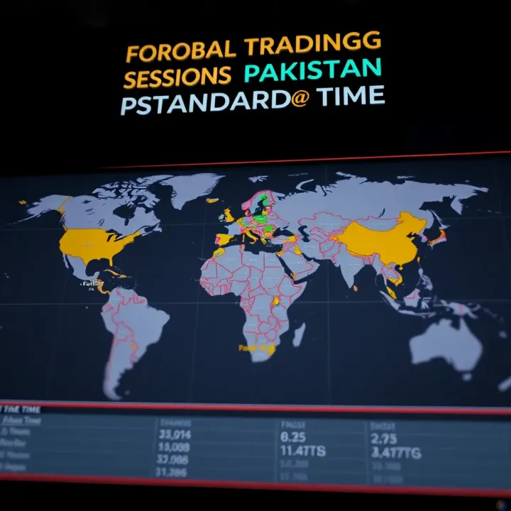 Global Forex Market Sessions Aligned with Pakistan Standard Time World map highlighting major forex trading sessions with corresponding Pakistan Standard Time zones
