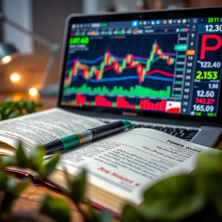 Forex trading chart with Urdu book and laptop displaying currency exchange graphs