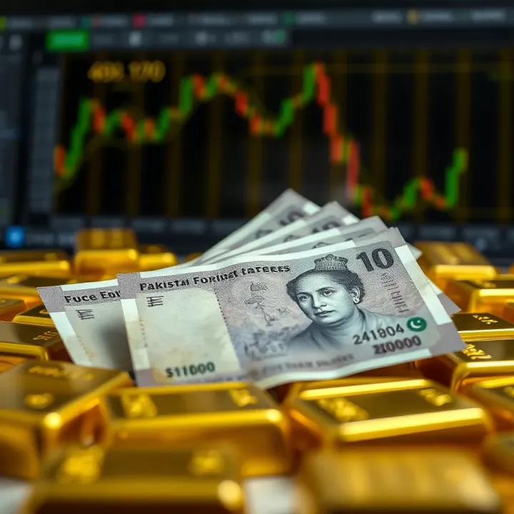 Pakistani rupee currency notes with gold bars depicting local market impact on gold trading
