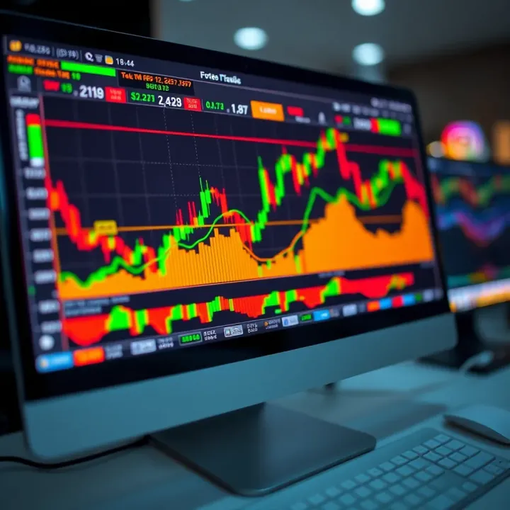 Forex Trading Platform with Live Market Data Computer screen displaying forex trading platform with charts and data