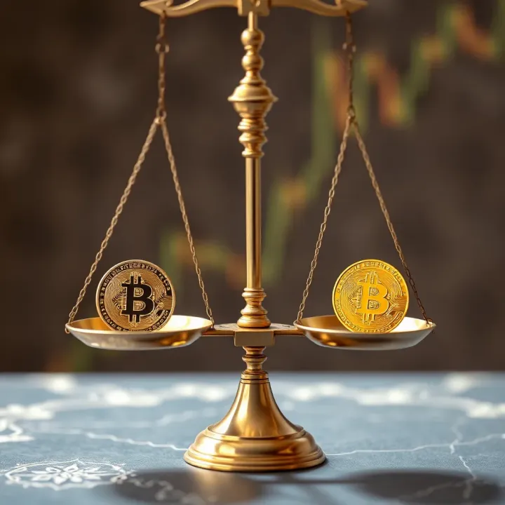 Balancing Islamic Finance Values with Cryptocurrency Trading Conceptual graphic showing balance scales with Islamic finance symbols and crypto tokens