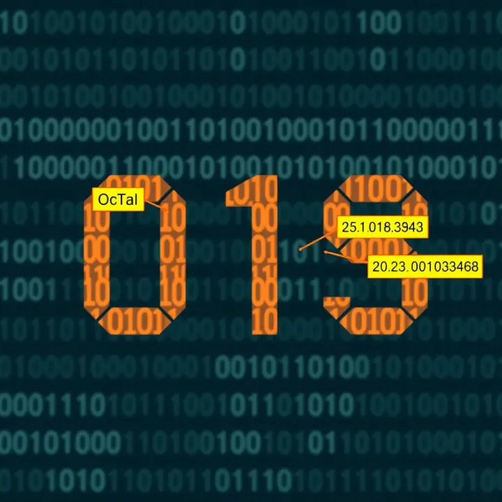Visual example demonstrating the conversion of an octal number into binary code with labeled sections indicating each binary group